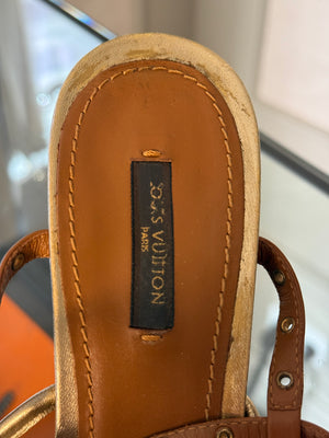 Louis Vuitton Wood Motif Logo Strappy Platform Wedge Sandal Studded Gold vintage EU 40.5