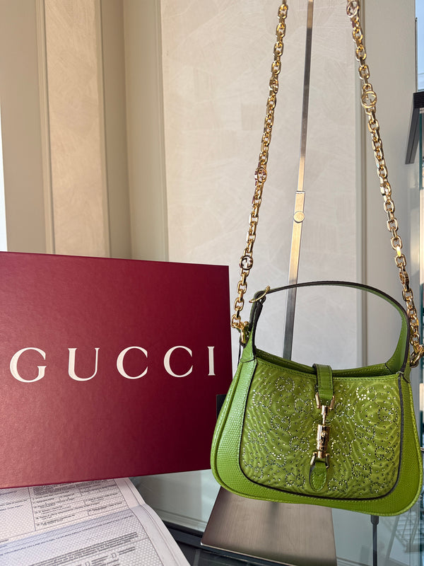 Gucci Sequin Canvas Lizard Crystal GG Monogram Mini Jackie 1961 Green