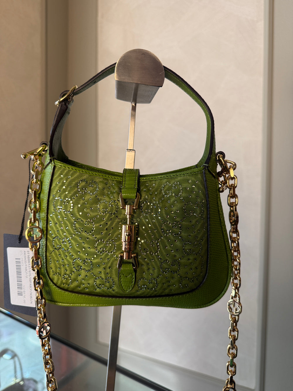 Gucci Sequin Canvas Lizard Crystal GG Monogram Mini Jackie 1961 Green