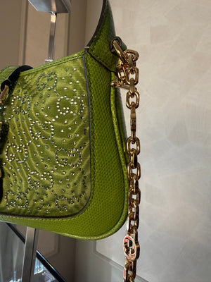 Gucci Sequin Canvas Lizard Crystal GG Monogram Mini Jackie 1961 Green