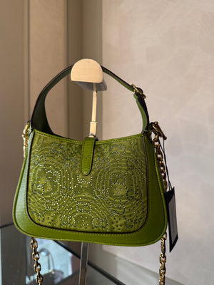 Gucci Sequin Canvas Lizard Crystal GG Monogram Mini Jackie 1961 Green