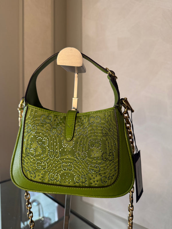 Gucci Sequin Canvas Lizard Crystal GG Monogram Mini Jackie 1961 Green