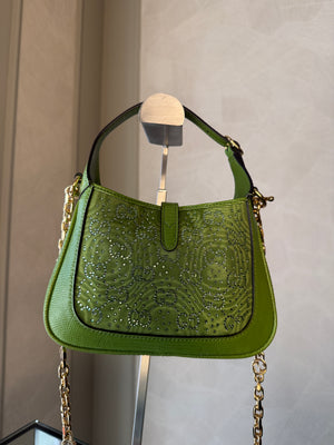 Gucci Sequin Canvas Lizard Crystal GG Monogram Mini Jackie 1961 Green