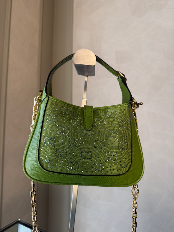 Gucci Sequin Canvas Lizard Crystal GG Monogram Mini Jackie 1961 Green