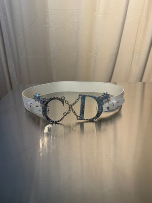 Christian Dior by John Galliano Vintage Archive White Snakeskin Leather Belt Oversized Silver CD Logo Buckle Chain Star Charms Y2K Waist Belt