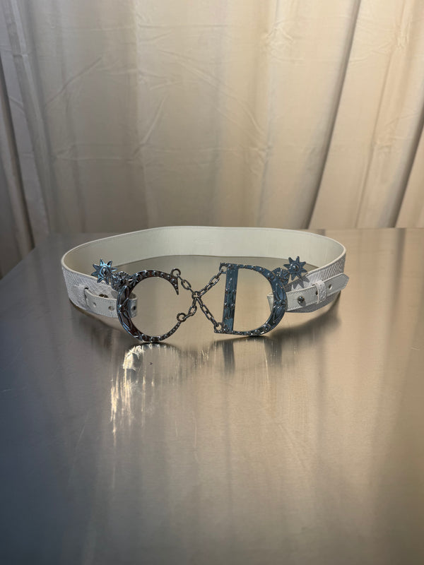 Christian Dior by John Galliano Vintage Archive White Snakeskin Leather Belt Oversized Silver CD Logo Buckle Chain Star Charms Y2K Waist Belt
