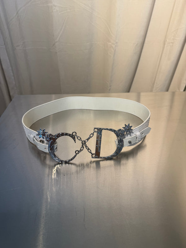 Christian Dior by John Galliano Vintage Archive White Snakeskin Leather Belt Oversized Silver CD Logo Buckle Chain Star Charms Y2K Waist Belt