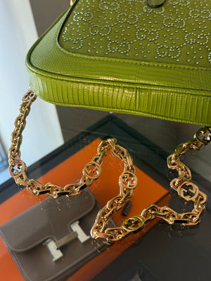 Gucci Sequin Canvas Lizard Crystal GG Monogram Mini Jackie 1961 Green