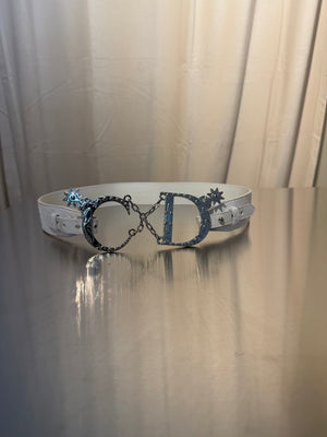 Christian Dior by John Galliano Vintage Archive White Snakeskin Leather Belt Oversized Silver CD Logo Buckle Chain Star Charms Y2K Waist Belt