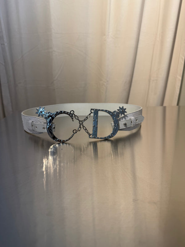 Christian Dior by John Galliano Vintage Archive White Snakeskin Leather Belt Oversized Silver CD Logo Buckle Chain Star Charms Y2K Waist Belt