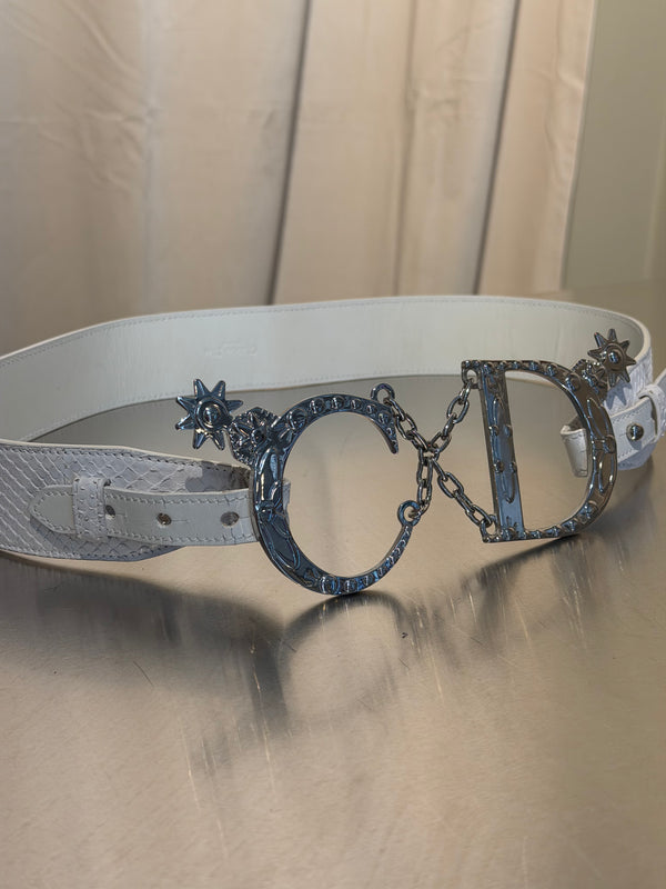 Christian Dior by John Galliano Vintage Archive White Snakeskin Leather Belt Oversized Silver CD Logo Buckle Chain Star Charms Y2K Waist Belt