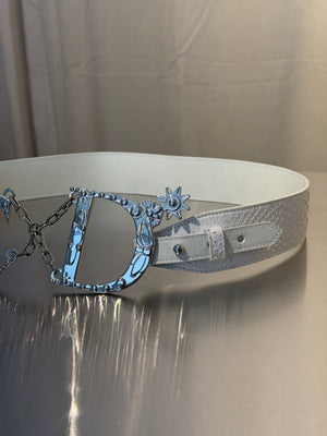 Christian Dior by John Galliano Vintage Archive White Snakeskin Leather Belt Oversized Silver CD Logo Buckle Chain Star Charms Y2K Waist Belt