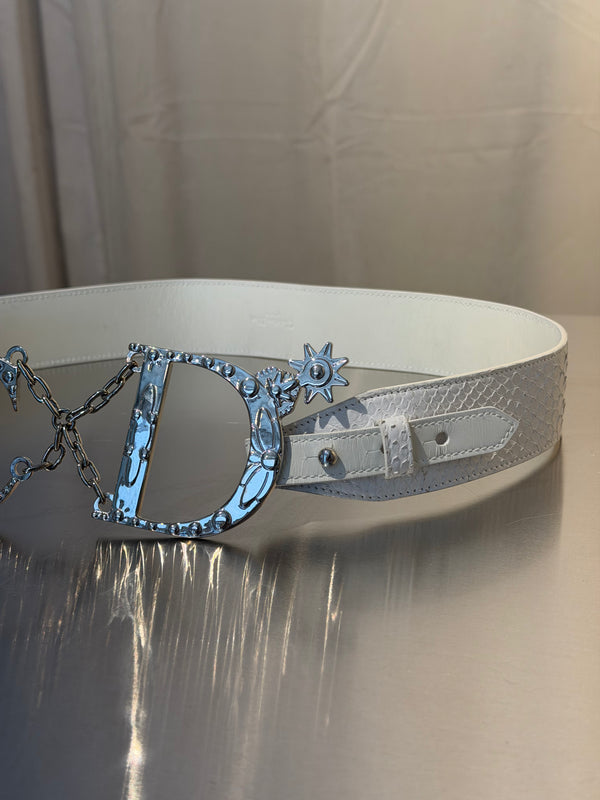 Christian Dior by John Galliano Vintage Archive White Snakeskin Leather Belt Oversized Silver CD Logo Buckle Chain Star Charms Y2K Waist Belt