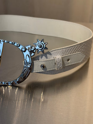 Christian Dior by John Galliano Vintage Archive White Snakeskin Leather Belt Oversized Silver CD Logo Buckle Chain Star Charms Y2K Waist Belt