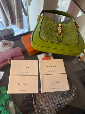 Gucci Sequin Canvas Lizard Crystal GG Monogram Mini Jackie 1961 Green