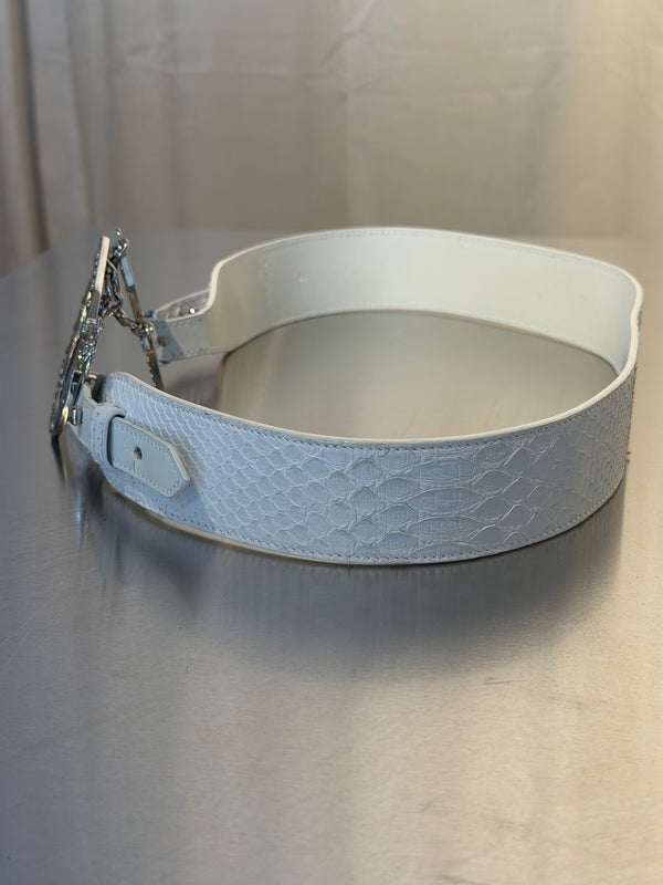 Christian Dior by John Galliano Vintage Archive White Snakeskin Leather Belt Oversized Silver CD Logo Buckle Chain Star Charms Y2K Waist Belt