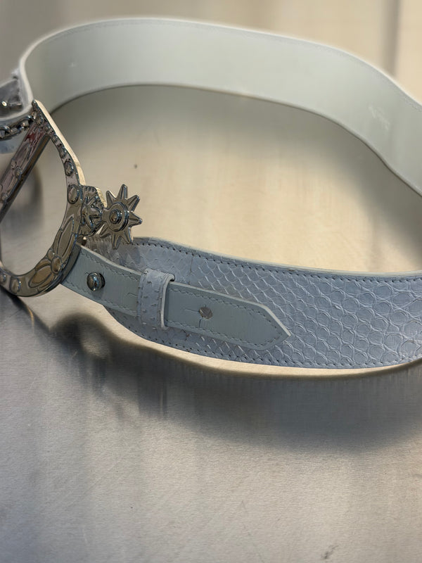 Christian Dior by John Galliano Vintage Archive White Snakeskin Leather Belt Oversized Silver CD Logo Buckle Chain Star Charms Y2K Waist Belt