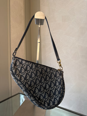 Dior Diorissima Trotter Blue Navy Logomania Monogram Saddle Bag Jaquard Oblique Zip Up Shoulder Bag Vintage