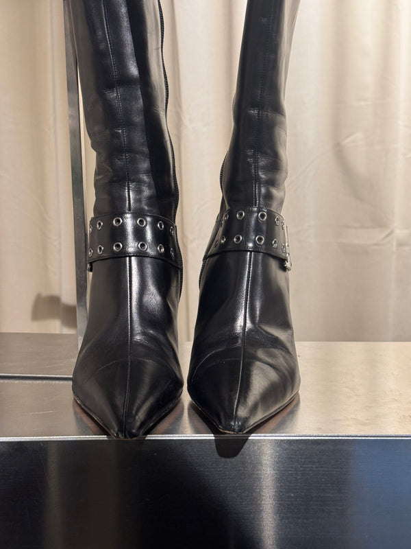 Christian Dior Vintage John Galliano Era Black Leather Knee High Stiletto Boots Silver Tone Eyelet Buckle Strap Pointed Toe EU 38.5
