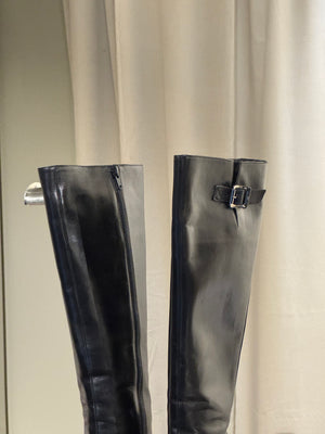 Christian Dior Vintage John Galliano Era Black Leather Knee High Stiletto Boots Silver Tone Eyelet Buckle Strap Pointed Toe EU 38.5