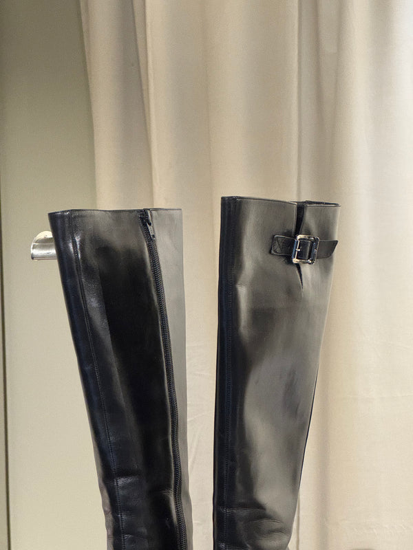 Christian Dior Vintage John Galliano Era Black Leather Knee High Stiletto Boots Silver Tone Eyelet Buckle Strap Pointed Toe EU 38.5
