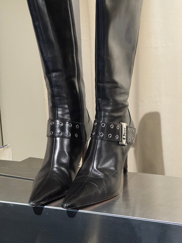 Christian Dior Vintage John Galliano Era Black Leather Knee High Stiletto Boots Silver Tone Eyelet Buckle Strap Pointed Toe EU 38.5