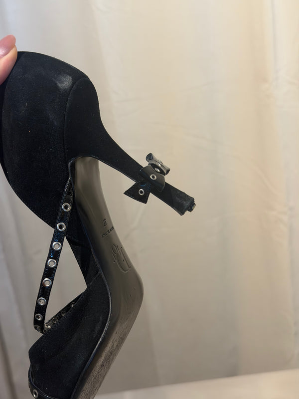 Christian Dior by John Galliano Autumn Winter 2003 Runway Collection Black Suede Patent Leather Eyelet Strappy Platform Stiletto Sandals Heels Size EU 37