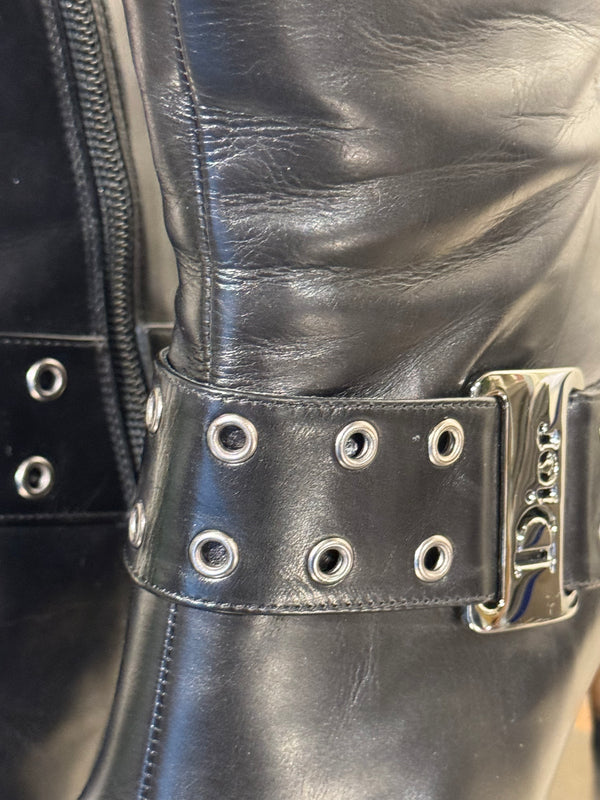 Christian Dior Vintage John Galliano Era Black Leather Knee High Stiletto Boots Silver Tone Eyelet Buckle Strap Pointed Toe EU 38.5