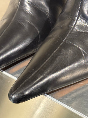 Christian Dior Vintage John Galliano Era Black Leather Knee High Stiletto Boots Silver Tone Eyelet Buckle Strap Pointed Toe EU 38.5