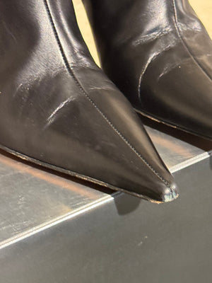 Christian Dior Vintage John Galliano Era Black Leather Knee High Stiletto Boots Silver Tone Eyelet Buckle Strap Pointed Toe EU 38.5