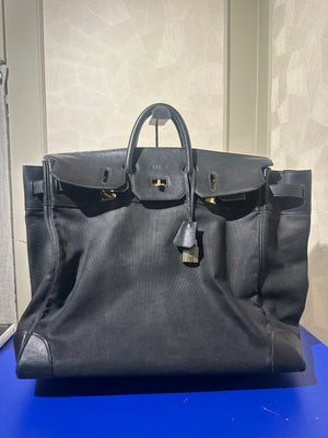 Hermes 50 HAC unisex Extra Large Travel Weekender Cotton Canvas Leather repainted monochrome Black Gold Hardware Vintage Rare