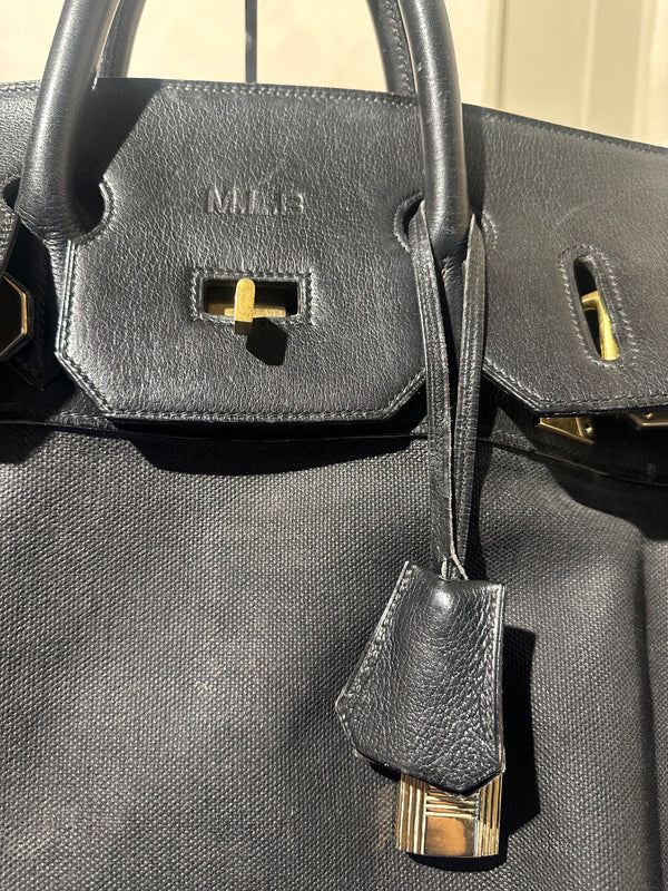 Hermes 50 HAC unisex Extra Large Travel Weekender Cotton Canvas Leather repainted monochrome Black Gold Hardware Vintage Rare