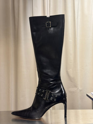 Christian Dior Vintage John Galliano Era Black Leather Knee High Stiletto Boots Silver Tone Eyelet Buckle Strap Pointed Toe EU 38.5