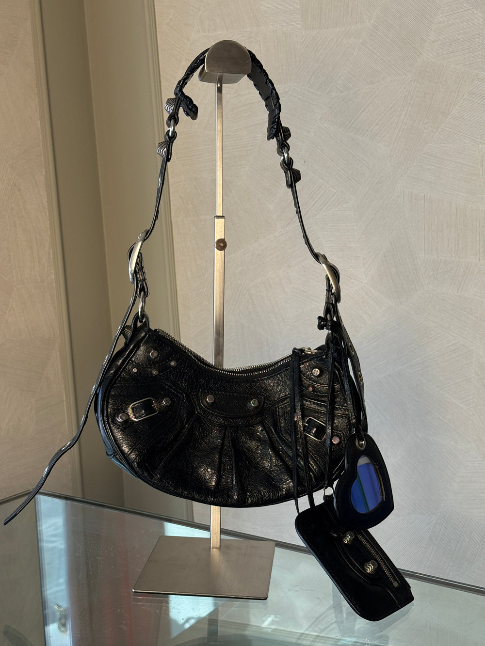 Balenciaga Le Cagole Shoulder Bag Black leather studded mirror purse shoulder bag mini leather iconic