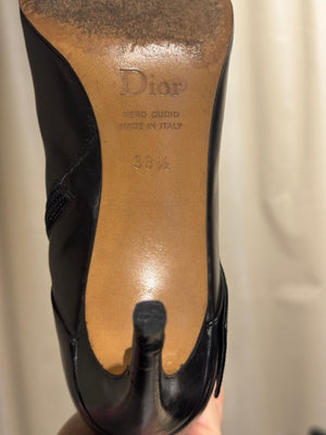 Christian Dior Vintage John Galliano Era Black Leather Knee High Stiletto Boots Silver Tone Eyelet Buckle Strap Pointed Toe EU 38.5