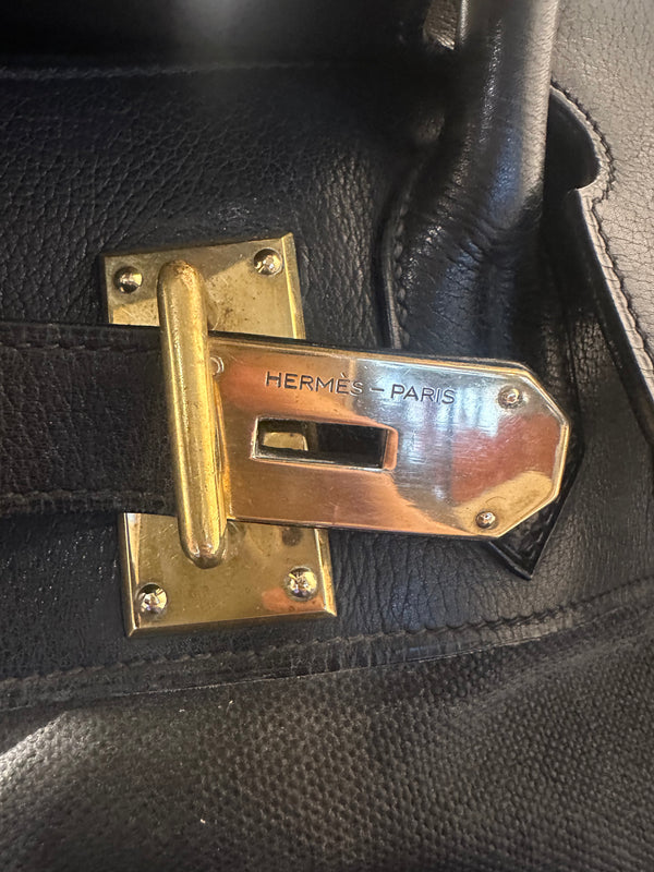 Hermes 50 HAC unisex Extra Large Travel Weekender Cotton Canvas Leather repainted monochrome Black Gold Hardware Vintage Rare
