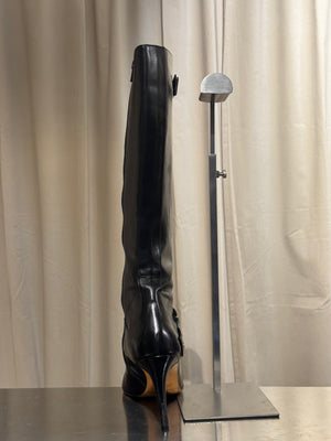 Christian Dior Vintage John Galliano Era Black Leather Knee High Stiletto Boots Silver Tone Eyelet Buckle Strap Pointed Toe EU 38.5