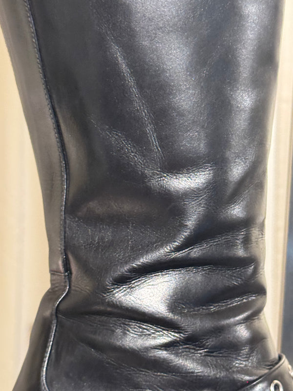 Christian Dior Vintage John Galliano Era Black Leather Knee High Stiletto Boots Silver Tone Eyelet Buckle Strap Pointed Toe EU 38.5