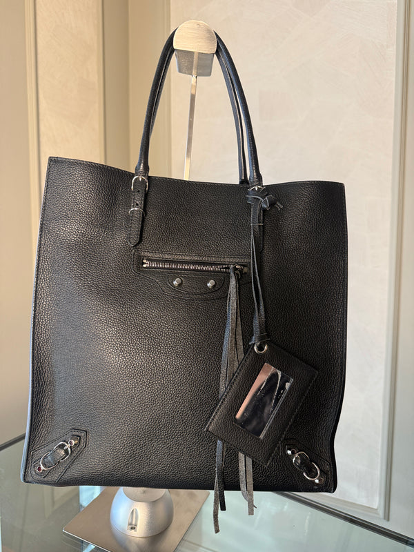 Balenciaga Black Calfskin Leather Papier A5 Zip Around Tote Silver Hardware Mirror Work Study Bag Sturdy