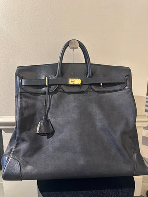 Hermes 50 HAC unisex Extra Large Travel Weekender Cotton Canvas Leather repainted monochrome Black Gold Hardware Vintage Rare
