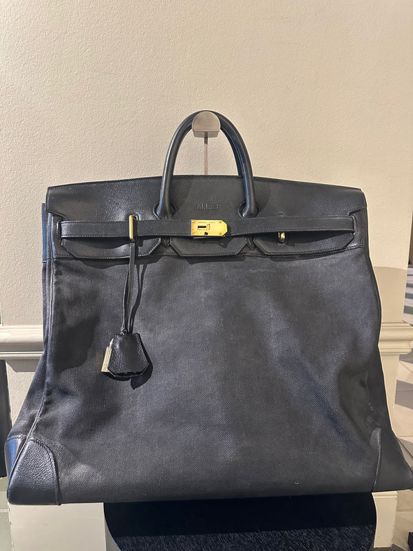 Hermes 50 HAC unisex Extra Large Travel Weekender Cotton Canvas Leather repainted monochrome Black Gold Hardware Vintage Rare