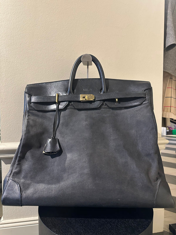 Hermes 50 HAC unisex Extra Large Travel Weekender Cotton Canvas Leather repainted monochrome Black Gold Hardware Vintage Rare