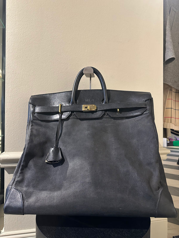 Hermes 50 HAC unisex Extra Large Travel Weekender Cotton Canvas Leather repainted monochrome Black Gold Hardware Vintage Rare