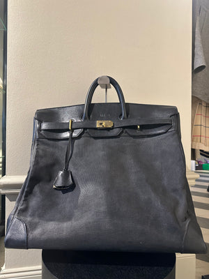 Hermes 50 HAC unisex Extra Large Travel Weekender Cotton Canvas Leather repainted monochrome Black Gold Hardware Vintage Rare