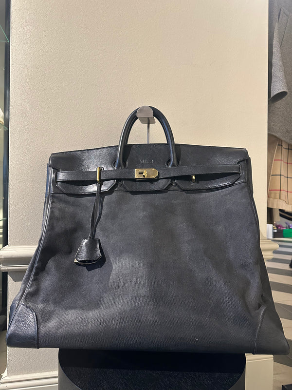 Hermes 50 HAC unisex Extra Large Travel Weekender Cotton Canvas Leather repainted monochrome Black Gold Hardware Vintage Rare