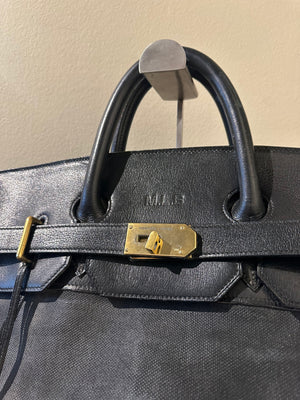 Hermes 50 HAC unisex Extra Large Travel Weekender Cotton Canvas Leather repainted monochrome Black Gold Hardware Vintage Rare