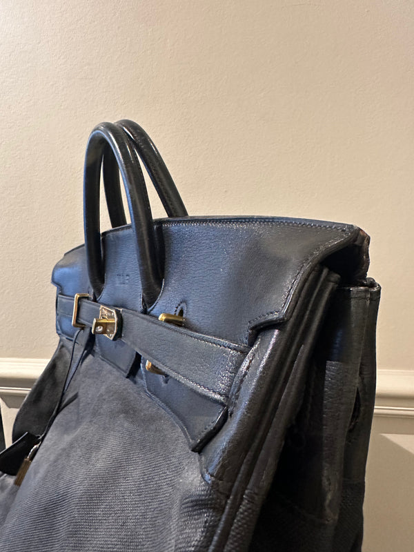 Hermes 50 HAC unisex Extra Large Travel Weekender Cotton Canvas Leather repainted monochrome Black Gold Hardware Vintage Rare