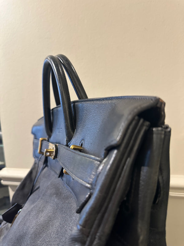Hermes 50 HAC unisex Extra Large Travel Weekender Cotton Canvas Leather repainted monochrome Black Gold Hardware Vintage Rare