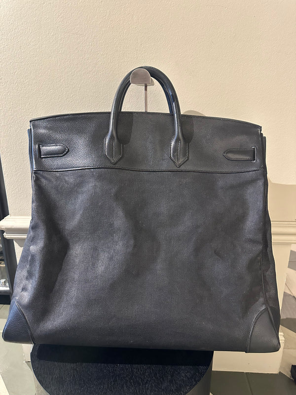 Hermes 50 HAC unisex Extra Large Travel Weekender Cotton Canvas Leather repainted monochrome Black Gold Hardware Vintage Rare