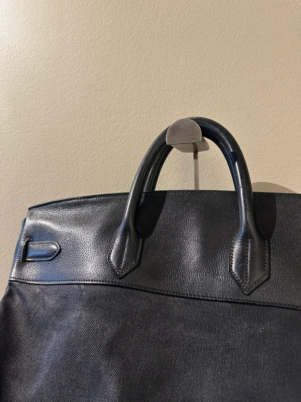 Hermes 50 HAC unisex Extra Large Travel Weekender Cotton Canvas Leather repainted monochrome Black Gold Hardware Vintage Rare